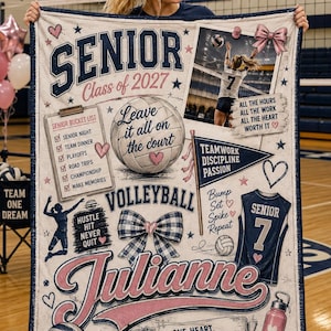 May include: A rectangular fleece blanket featuring a volleyball theme for a senior class of 2027. The design includes a photo of a volleyball player, a clipboard with a bucket list, a volleyball, a pennant, a jersey with number 7, and the name Julianne.