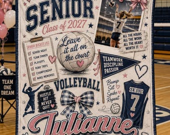 May include: A rectangular fleece blanket featuring a volleyball theme for a senior class of 2027. The design includes a photo of a volleyball player, a clipboard with a bucket list, a volleyball, a pennant, a jersey with number 7, and the name Julianne.