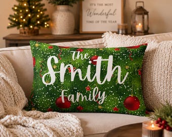 Personalized Christmas Family Pillow- Holiday Decor, Family Name Pillow, Tartan Cushion, Custom Xmas Gift, Festive Home Pillow