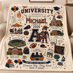 May include: A cream-colored fleece throw blanket featuring a personalized university-themed graphic. The design includes the text "Michael Class of 2026," a mascot, campus buildings, a football, a globe, books, and motivational phrases like "Dream Big."