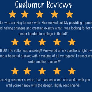May include: A navy blue graphic with the words "Customer Reviews" in white script. The graphic features five gold stars, followed by customer testimonials about a seller's service and product quality.
