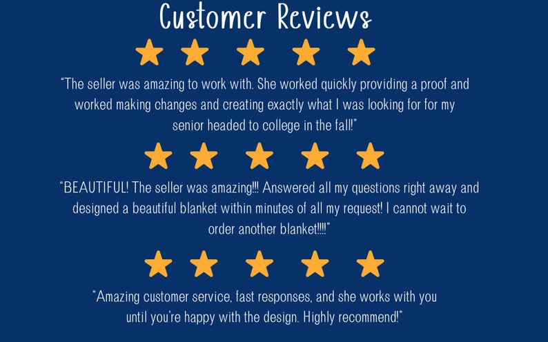 May include: A navy blue graphic with the words "Customer Reviews" in white script. The graphic features five gold stars, followed by customer testimonials about a seller's service and product quality.