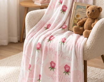 Personalized Baby Name Blanket, Custom Floral Rose Baby Blanket, Baby Girl Receiving Blanket, Newborn Gift, Baby Shower Gift