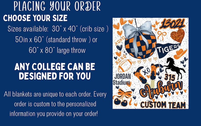 May include: Custom team blanket with an Auburn theme. The design includes a football, cowboy boots, a horse, and the text "Auburn Custom Team". Sizes available: 30" x 40", 50" x 60", and 60" x 80".