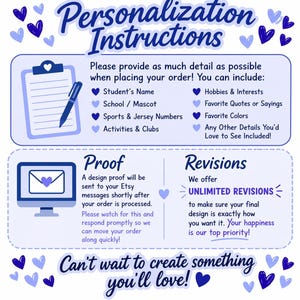 May include: A light blue graphic with the text "Personalization Instructions" and information on providing details for an order. Includes a clipboard, pen, computer, and hearts.