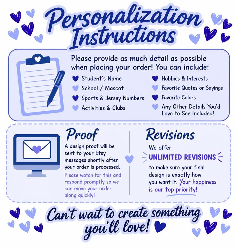 May include: A light blue graphic with the text "Personalization Instructions" and information on providing details for an order. Includes a clipboard, pen, computer, and hearts.