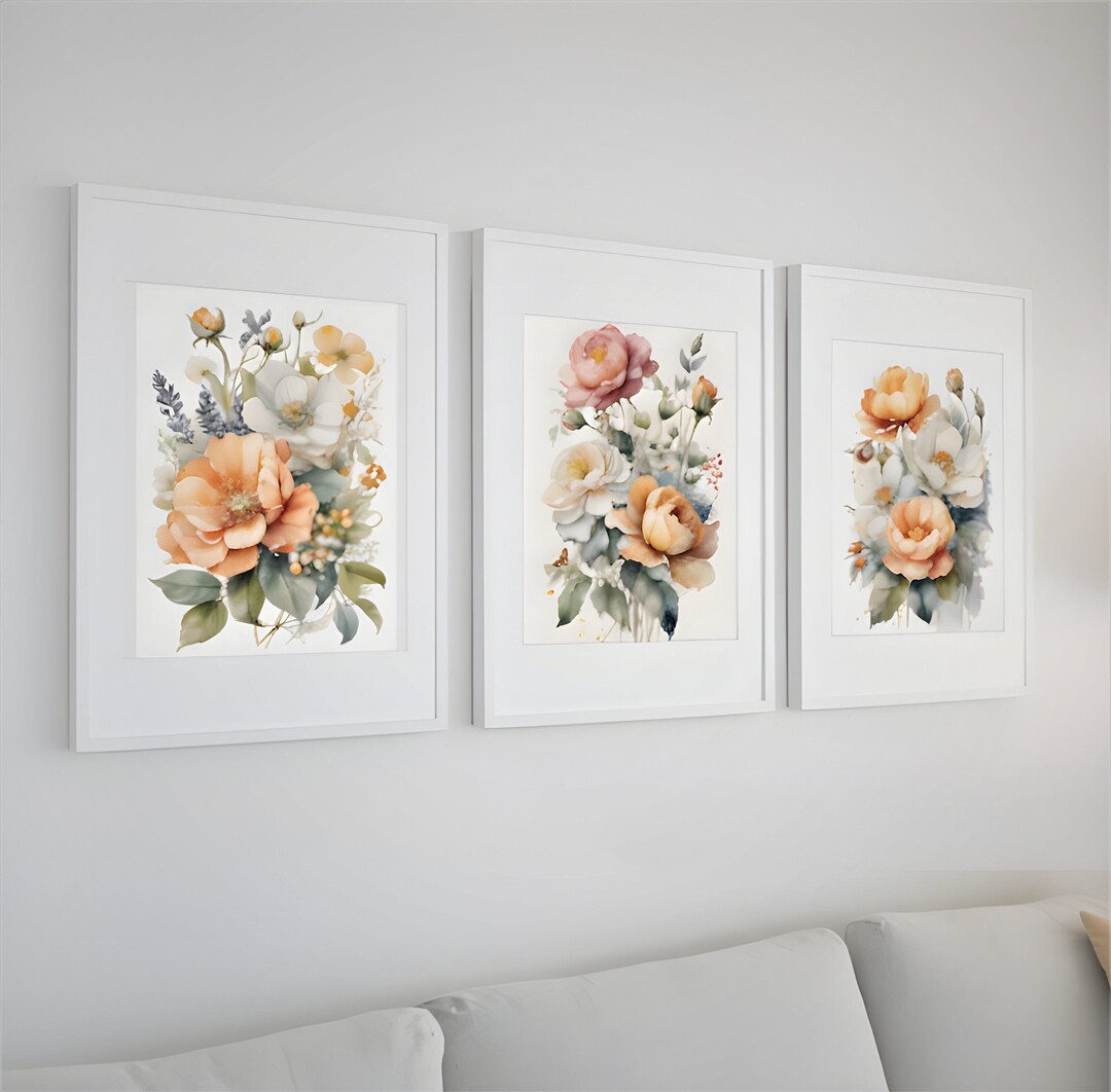 Set of 3 Antique Floral Wall Art Prints Pink, White, Yellow Flowers