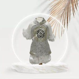 Vestidos tradicionais vietnamitas ou Ao Dai para sua cadela/gata (animal de estimação) - Calças brancas/cinza e brancas