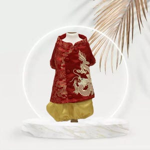 Vestidos tradicionais vietnamitas ou Ao Dai para seu cão/gato macho (animal de estimação) - Vermelho com calças amarelas