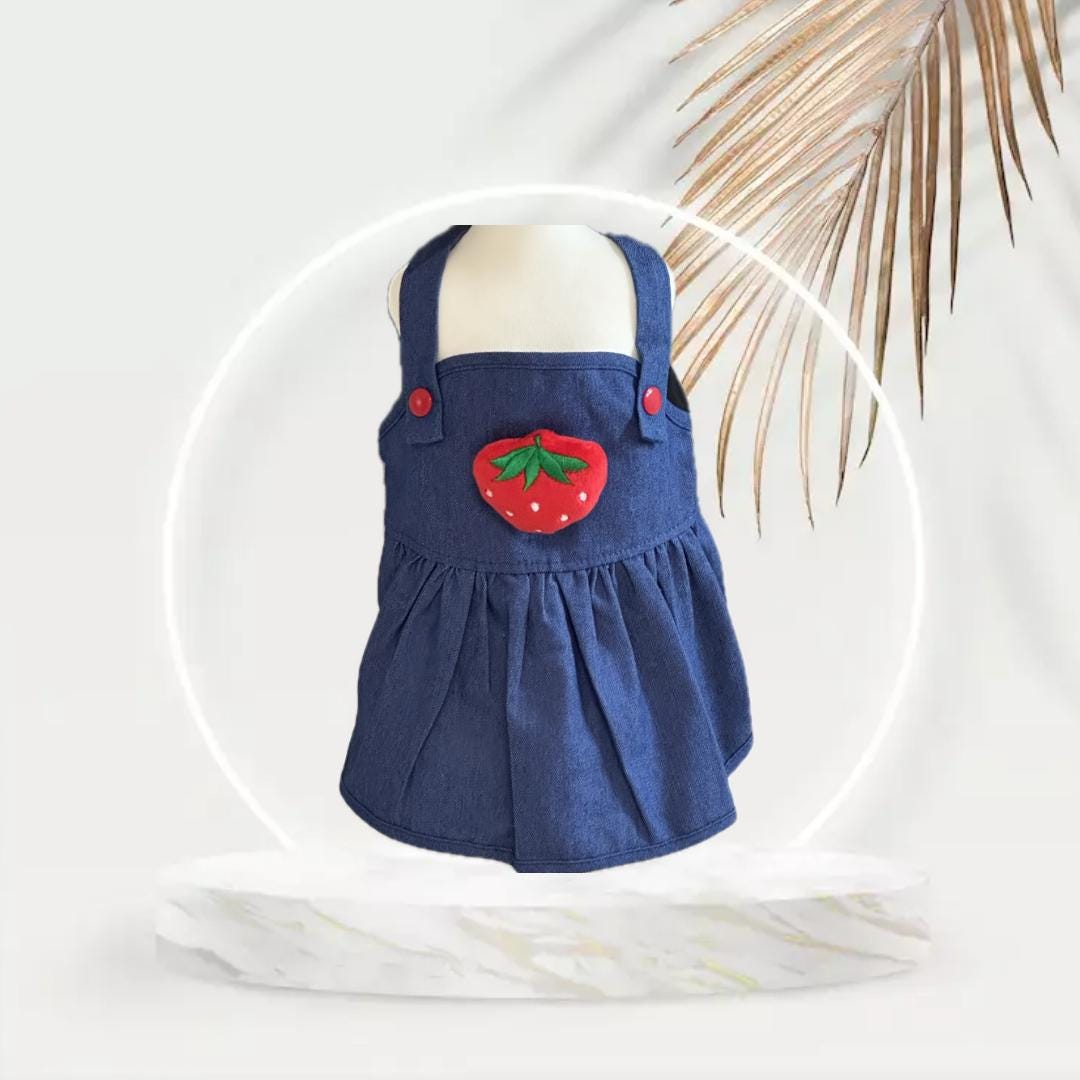 Blue Jean Dress With Popping Strawberry for Your Pet/dog/cat on the Summer  Day