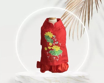 Traditional Vietnamese Dresses or Ao Dai for Your Female Dog/Cat (Pet) - Red with Red Pants