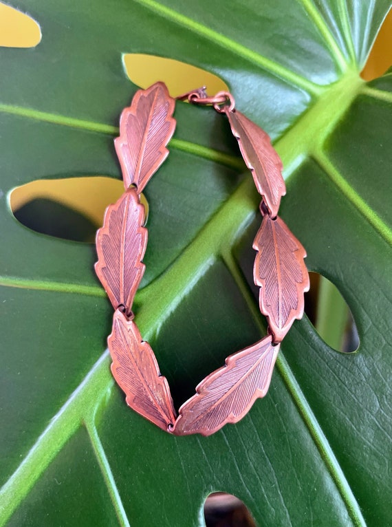 Solid copper leaf link bracelet