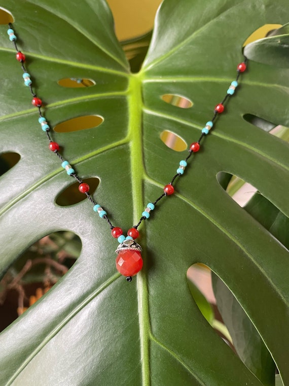 Navajo Turquoise, Carnelian, and Silver Bead Chok… - image 1