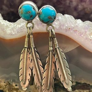 Navajo T Benally signed Turquoise & Sterling Silver Feather dangle post earrings