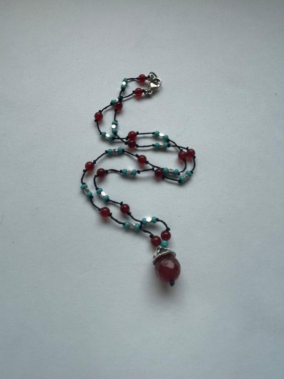 Navajo Turquoise, Carnelian, and Silver Bead Chok… - image 4