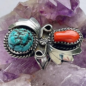 Vintage Navajo Old Pawn Turquoise Nugget and Coral Ring