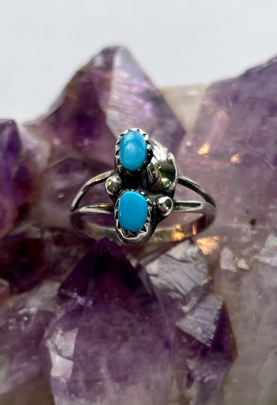 Dainty two stone turquoise and sterling silver rin