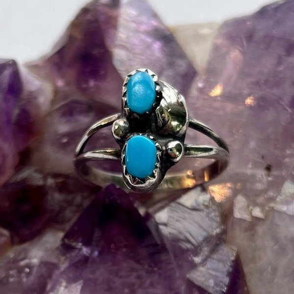 Dainty two stone turquoise and sterling silver ring