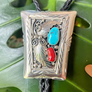 Vintage Navajo SC signed Sterling Silver,Turquoise, and Coral Bolo Tie