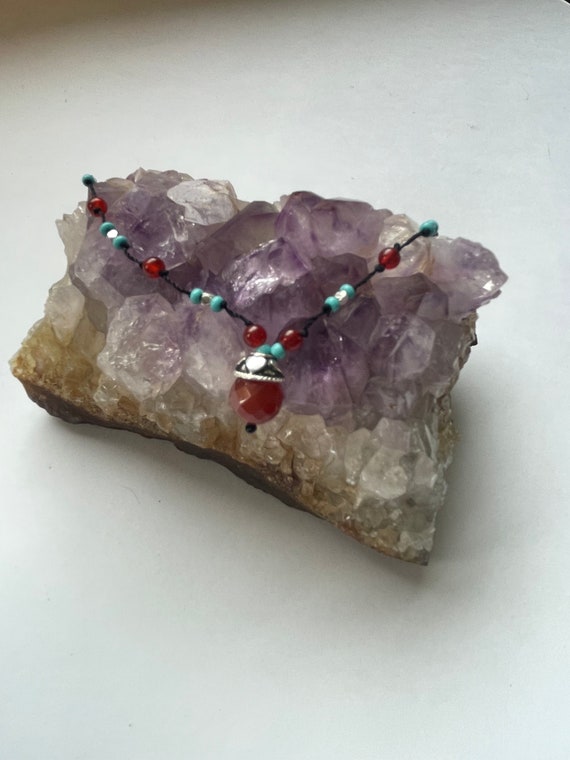 Navajo Turquoise, Carnelian, and Silver Bead Chok… - image 3