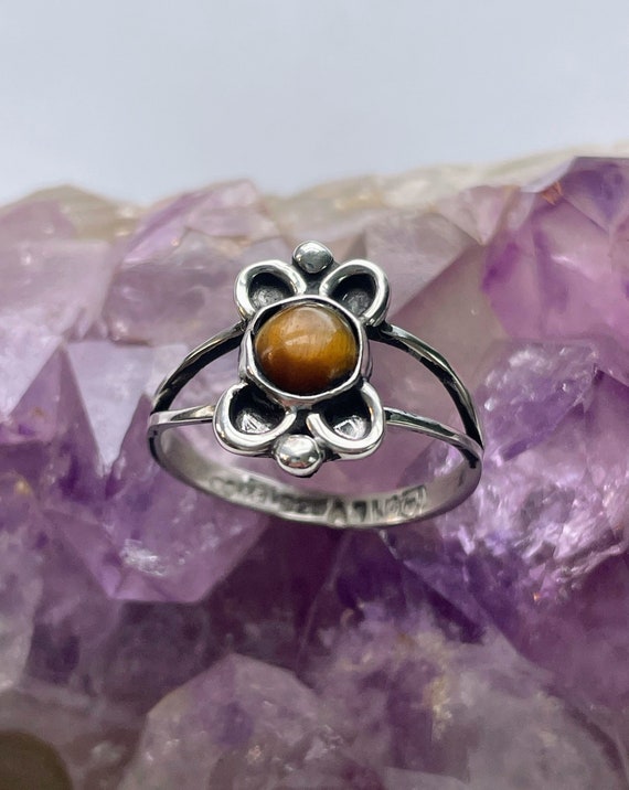 Tigereye and sterling silver solitaire ring