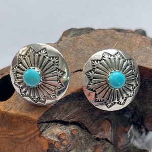 Vintage Navajo Turquoise and Silver Floral Wheel post Earrings