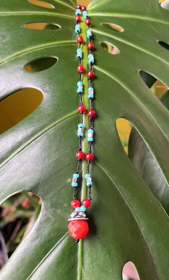 Navajo Turquoise, Carnelian, and Silver Bead Chok… - image 2