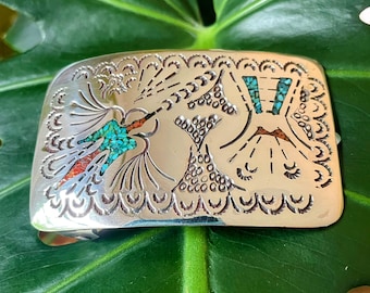 Signed - Angelita Cheama Zuni Vintage Turquoise Coral Sterling Belt Buckle Angelita Cheama Vintage Native American Zuni Morenci  main image 4