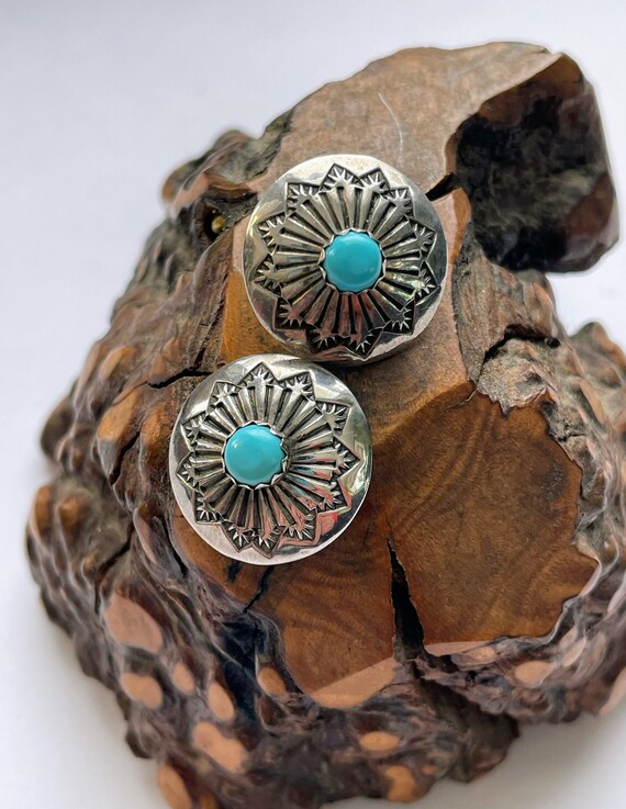 Turquoise and Silver Floral Wheel Earrings - image 3