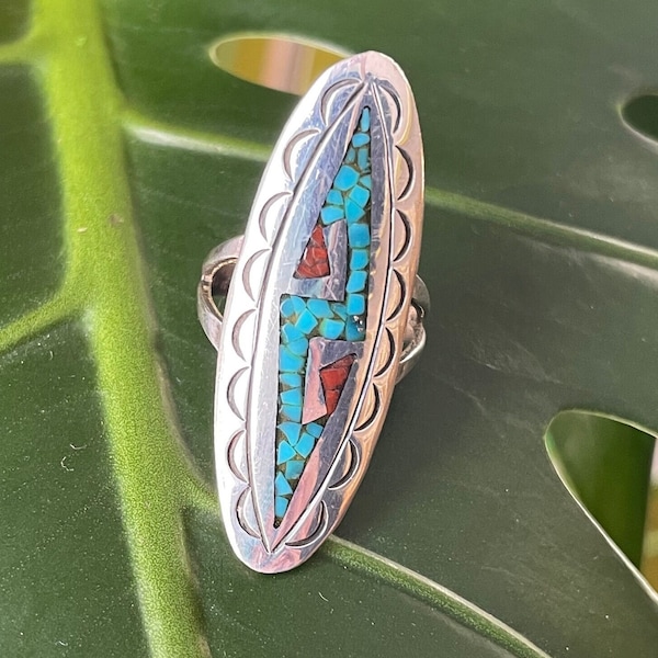 Navajo J NEZZIE crushed turquoise and coral long ring