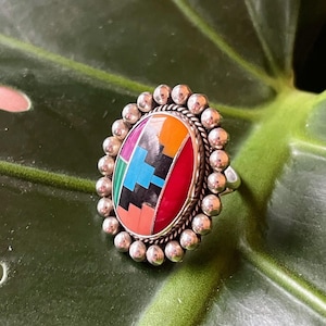 Vintage Multi Stone and Sterling Navajo Inlay Ring size 5