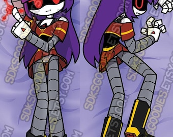 May include: A double-sided pillow featuring a cartoon character with purple hair, red eyes, and a red and yellow outfit. The character is wearing a red helmet and black boots with yellow accents. The background is a light purple color.