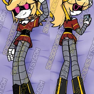 May include: A full-body illustration of a female robot character with blonde hair, wearing a red and black outfit, gray leggings, and black boots with yellow accents. The character is holding a phone. The background is a purple gradient.