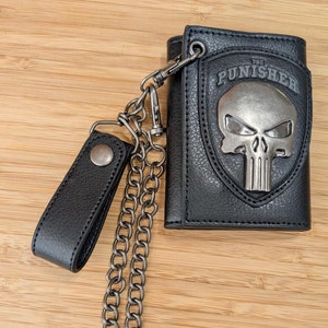 Cartera de cadena de motociclista para hombre con el logo de calavera punible de Frank Castle