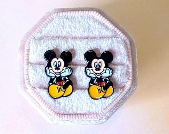 Mickey Mouse Head in Hands 0.75" Tall Metal Enamel Stud Earrings