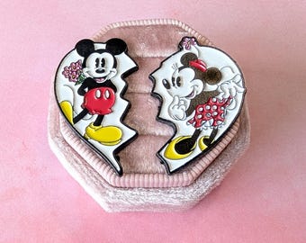 Mickey and Minnie 2 Piece Split Heart 1.25" Tall Metal Enamel Pin Set