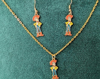 Toy Story Woody Character 1 Inch Tall Goldtone Metal Enamel Earring and Necklace Set