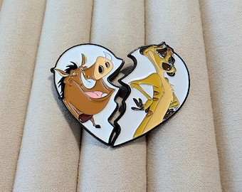 Pumbaa and Timon Characters 2 Piece Split Heart 1.25" Tall Metal Enamel Pin Set