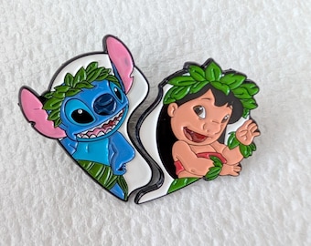 Lilo & Stitch Characters 2 Piece Split Heart 1.5" Tall Metal Enamel Pin Set