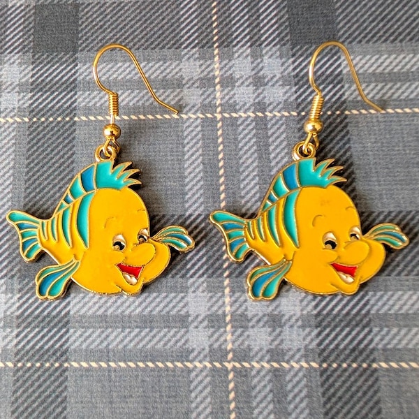 Little Mermaid Flounder Character 1.1 Inch Tall Goldtone Metal Enamel French Wire Earrings