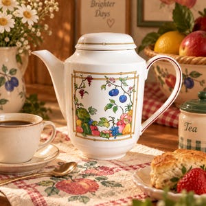 May include: A white porcelain teapot featuring a central rectangular illustration of colourful fruits and berries framed by bamboo-style lines. The teapot has a matching lid, a curved handle with a thin red stripe, and a spout, all in a glossy finish.