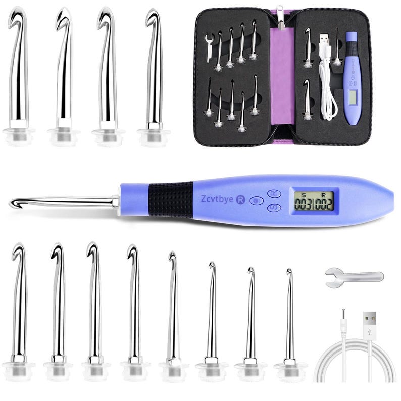 May include: A crochet hook set with multiple silver hooks of varying sizes, a digital hook with a blue handle, and a black zippered case. The set includes a USB cable and a small wrench.
