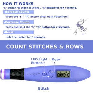 May include: A lavender stitch counter with a digital display showing stitch and row counts. The device has buttons labeled "S" and "R" for stitch and row counting, and the text "HOW IT WORKS" is displayed at the top.