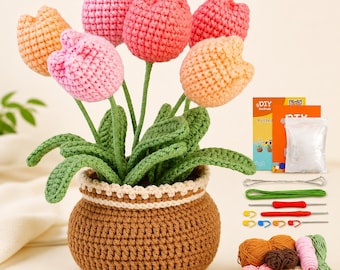じゅんさんじゅんさんハンドメイド かぎ針編み チューリップ 50本セット 花のかぎ針編みキット：チューリップの植木鉢DIYクラフト（動画付き