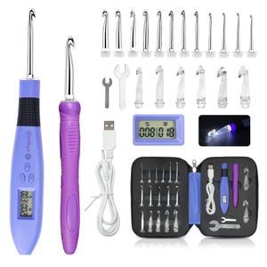 May include: A crochet hook set with various sizes and styles, including two ergonomic hooks with digital displays. The set includes clear hooks, a small wrench, a USB cable, and a timer. The kit is stored in a black zippered case.