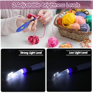 May include: A blue crochet hook with adjustable brightness levels is shown, with the text "2 Adjustable Brightness Levels". The hook is illuminated with a bright white light in one image and a softer white light in another. The image also shows yarn and a person crocheting.