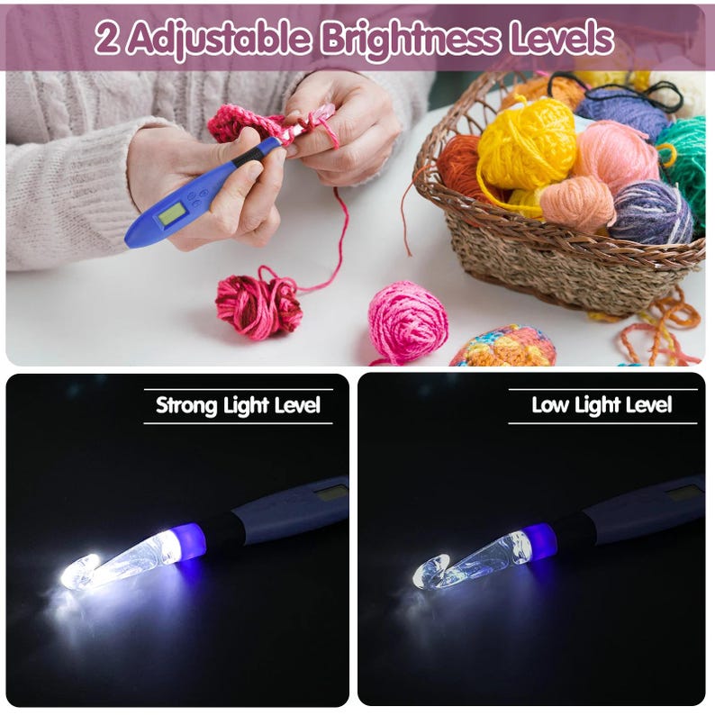 May include: A blue crochet hook with adjustable brightness levels is shown, with the text "2 Adjustable Brightness Levels". The hook is illuminated with a bright white light in one image and a softer white light in another. The image also shows yarn and a person crocheting.