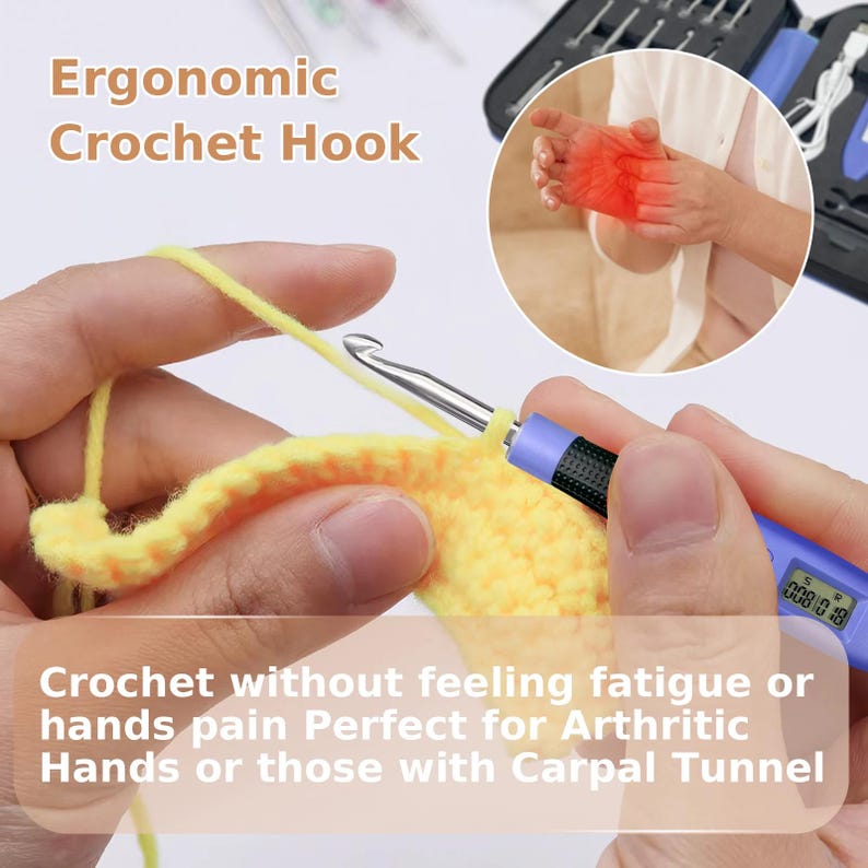 May include: An ergonomic crochet hook with a blue handle and a digital display, shown in use with yellow yarn. The text reads "Ergonomic Crochet Hook" and "Crochet without feeling fatigue or hands pain Perfect for Arthritic Hands or those with Carpal Tunnel."