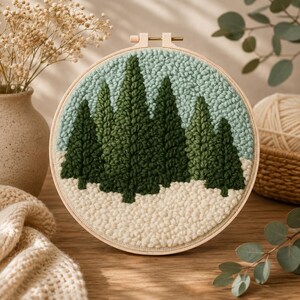 DIY Christmas Green Tree Punch Needle Embroidery Kit – Floral Thread Art Starter Set (Beginner Friendly)
