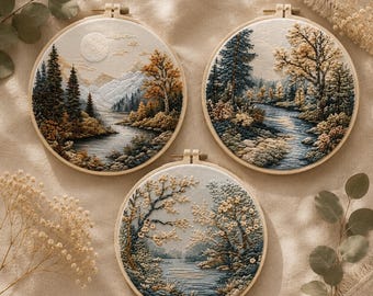 May include: Three circular embroidery hoops featuring detailed landscape scenes. The top left shows mountains and a forest, the top right depicts a river flowing through trees, and the bottom shows a serene water scene with textured foliage.